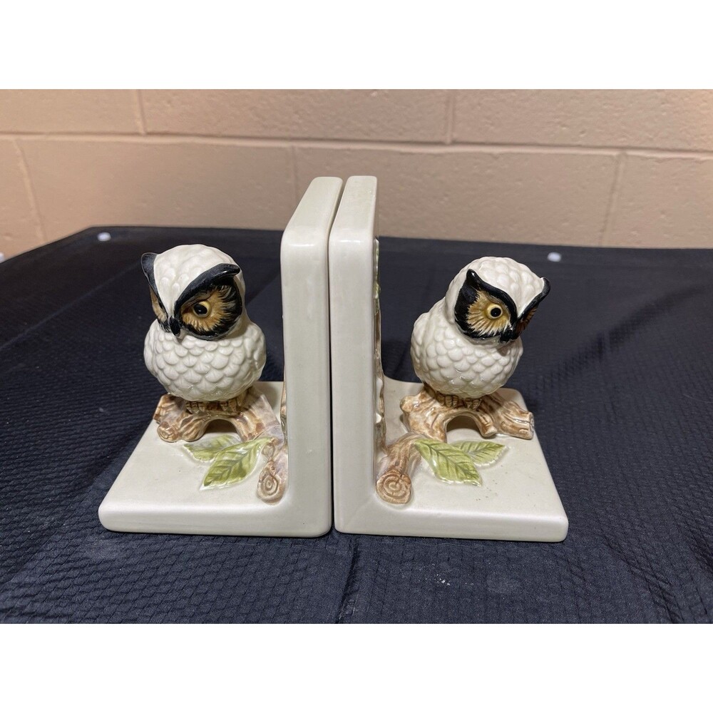 Otagiri OMC Japan Owl Bookend Hand Painted Branch Leaves Vintage